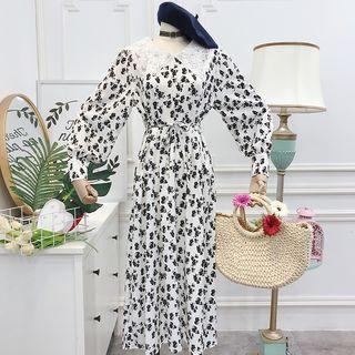 Lace Collar Long-sleeve Floral Midi A-line Dress