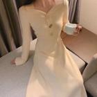 Long-sleeve V-neck Henley Knit Midi A-line Dress