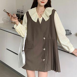 Long-sleeve Blouse / Asymmetrical Pleated Mini A-line Overall Dress