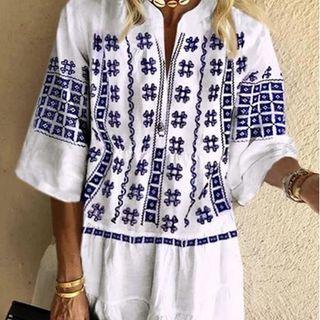 Elbow-sleeve Print Smock Dress