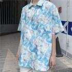 Short-sleeve Tie-dye Print Shirt Blue & White - One Size