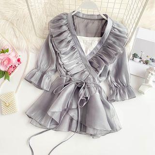 Set: Bell-sleeve V-neck Blouse + Camisole