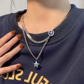 Smiley Star Pendant Stainless Steel Necklace Necklace - Star & Smiley - Silver - One Size
