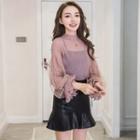 Mock-neck Long-sleeve Top / Faux-leather Mini Skirt / Set