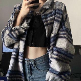 Plaid Button-up Jacket Blue & Gray - One Size