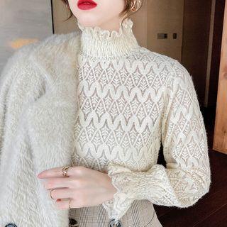 Mock-neck Ruched Bell-sleeve Perforated Lace Panel Mesh Top