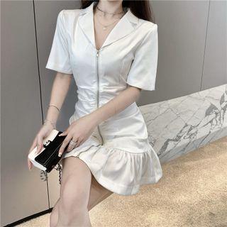 Short-sleeve Collared Zip Mini A-line Dress