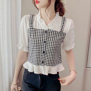 Short-sleeve Gingham Panel Blouse