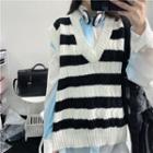 Striped V-neck Sweater Vest Stripes - Black & White - One Size