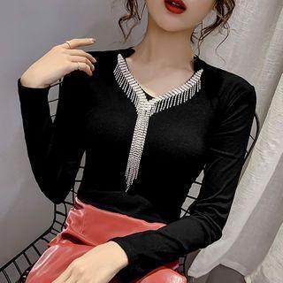 Fringe V-neck Long-sleeve T-shirt