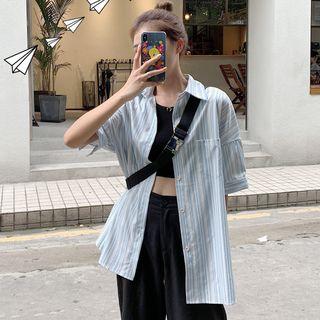 Short-sleeve Pocket Striped Shirt As Shown In Figure - One Size