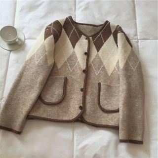 Round Neck Argyle Cardigan Khaki - One Size