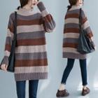 Mock-turtleneck Striped Mini Sweater Dress Gray & Brown & Khaki - One Size