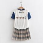 Set: Short-sleeve Cartoon Print T-shirt + Pleated Mini Skirt