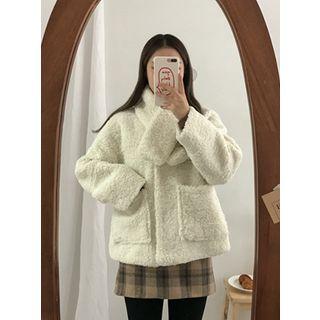 Round-neck Faux-shearling Jacket With Scarf