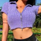 Fringed Trim Short-sleeve Crop Knit Top