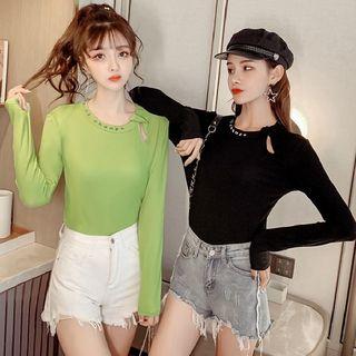 Long-sleeve Cutout Lettering Knit Top