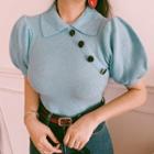 Puff-sleeve Buttoned Polo Knit Top