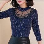 Long-sleeve Lace Panel Glitter Top