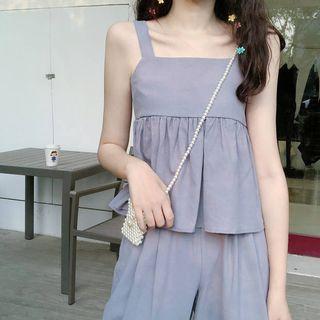 Set: Plain Camisole Top + Drawstring-cuff Cropped Pants