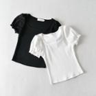 Puff-sleeve Ruffled-trim Square-neck Plain Crop Top
