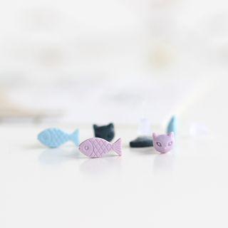 Cat And Fish Non-matching Stud Earrings