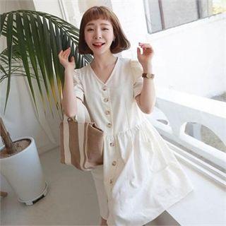 V-neck Shirred-waist Shirtdress