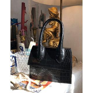 Croc-grain Flap Satchel Black - One Size