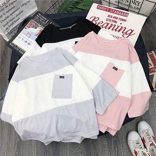 3/4-sleeve Color Block Pocket T-shirt