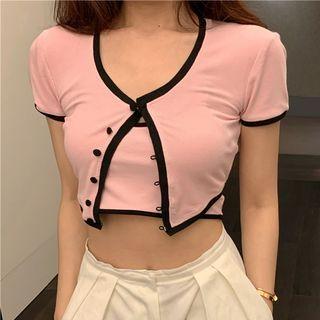 Set: Short-sleeve Top + Camisole Top Set Of 2 - Pink - One Size