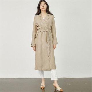 Stripe Linen Long Jacket With Sash