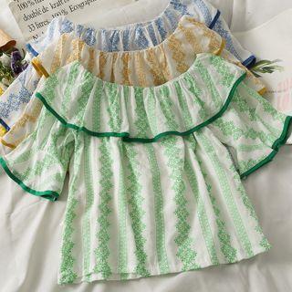 Boatneck Ruffled-trim Printed Crop T-shirt In 5 Colors