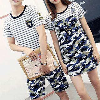 Couple Matching Set: Stripe Short-sleeve T-shirt + Camouflage Shorts / Pinafore