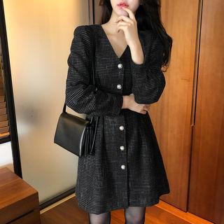 V-neck Faux-pearl Textured Shirtdress