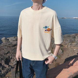 Elbow-sleeve Planet Print T-shirt