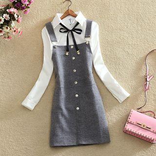 Set: Bow Neck Shirt + Buttoned Jumper Dress