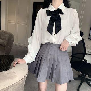 Bow Accent Ruffle Trim Shirt White - One Size