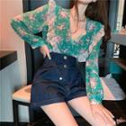 Floral Long-sleeve Shirt / High Waist Denim Shorts