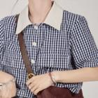 Elbow-sleeve Collar Plaid Blouse Black & White - One Size