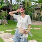 V-neck Frog-button Cropped Blouse White - One Size