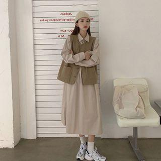 Long-sleeve Plain Shirtdress / Vest