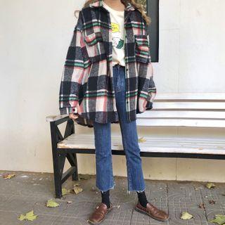 Long-sleeve Plaid Loose Fit Shirt Black - One Size