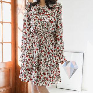 Tie-neck Floral Chiffon Gathered Dress