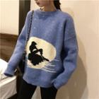Long Sleeve Print Loose Sweater Blue - One Size
