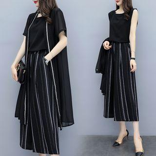 Set: Sleeveless Top + Long Light Jacket + Striped Gaucho Pants
