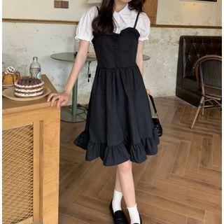 Puff-sleeve Shirt / Ruffled Hem A-line Overall Dress
