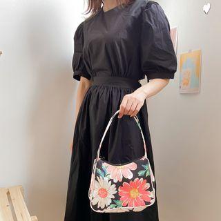 Floral Print Canvas Handbag Black - One Size