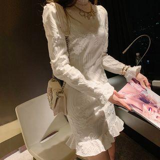 Bell-sleeve Mini Embroidered Sheath Dress