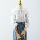 Lace Trim Collar Blouse / Denim Midi Mermaid Skirt