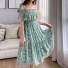 Short-sleeve Floral Print Cold-shoulder Midi Dress